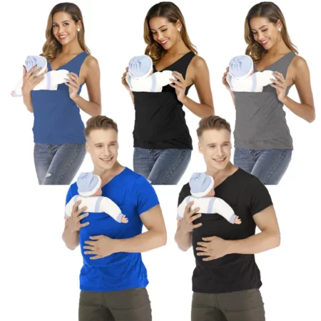 Safety Kangaroo Pocket T-Shirt Baby Carrier Summer Pregnancy Clothes Mother Father Short Sleeves Tops Feeding Nylon Cotton Tees