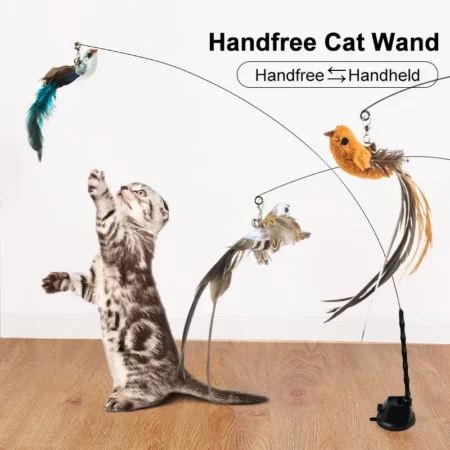 Handfree Bird/Feather Cat Wand with Bell Powerful Suction Cup Interactive Toys for Cats Kitten Hunting Exercise Pet Products